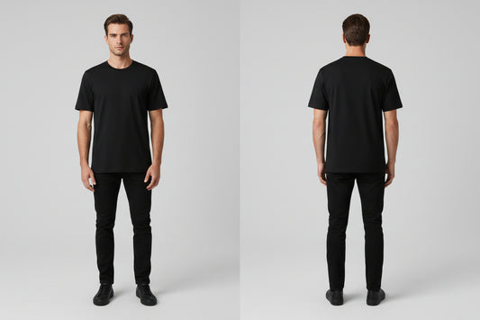 Black t-shirt template on a light gray background