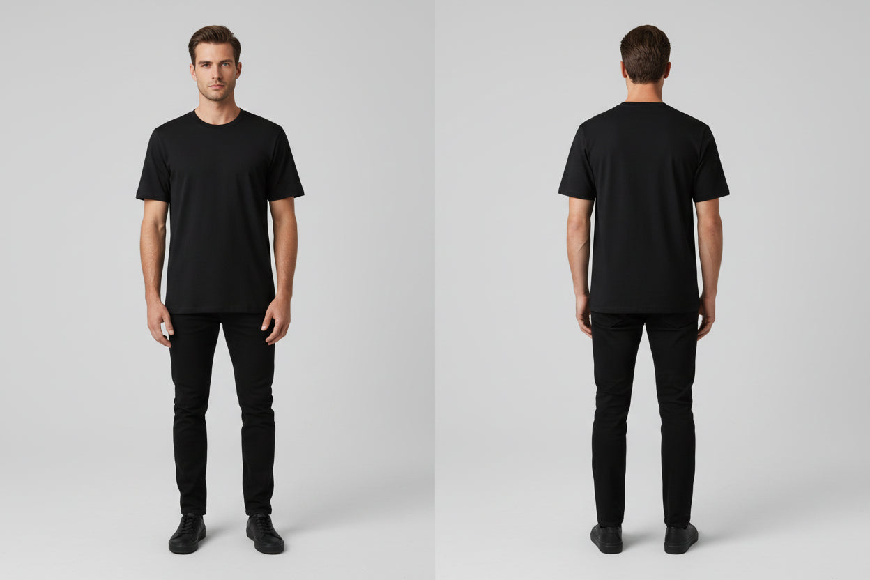 Black t-shirt template on a light gray background