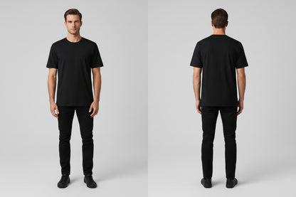 Black t-shirt template on a light gray background
