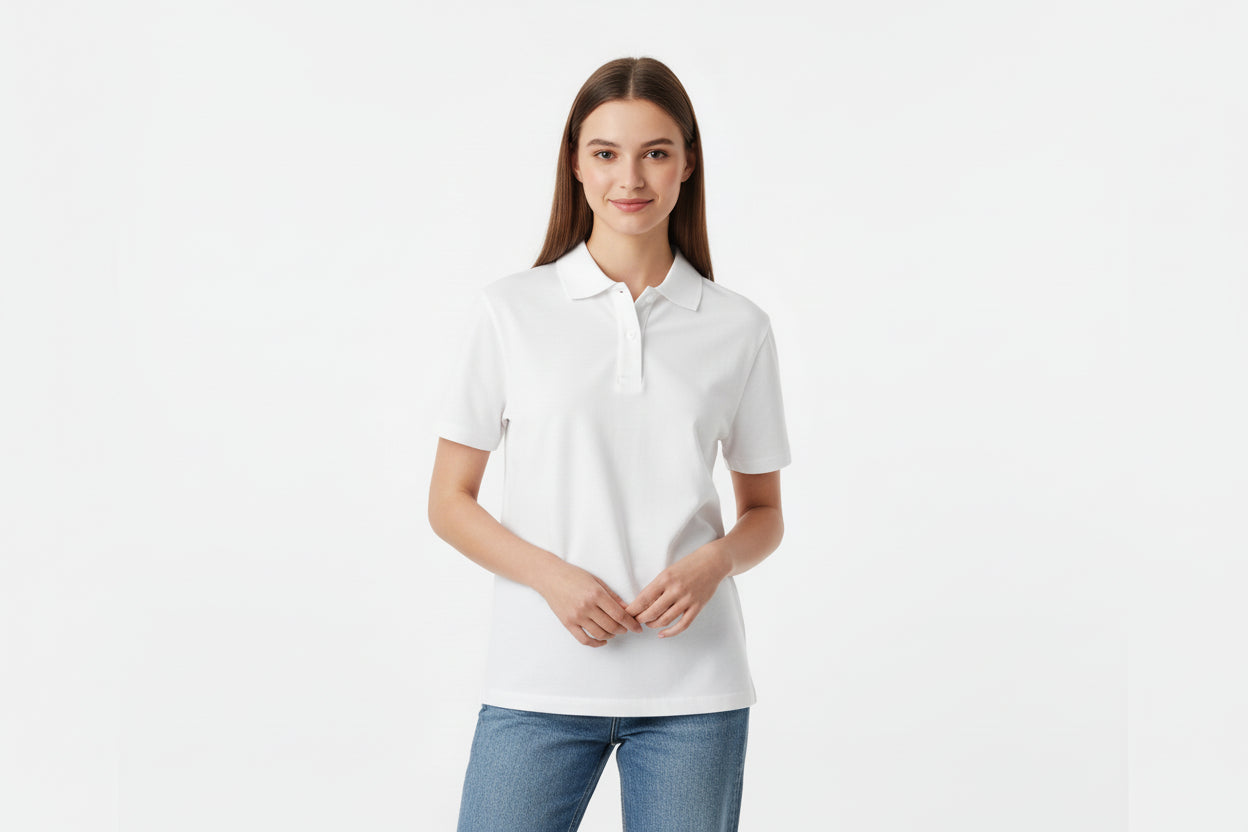 White t-shirt shown from front and back on a light gray background