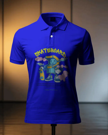 Blue polo shirt with a graphic design on a mannequin against a neutral background